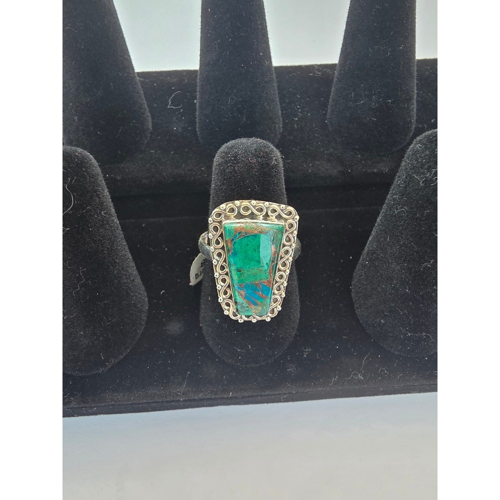 Sterling Silver 925 Green Copper Turquoise Scrollwork Statement Ring Size 8